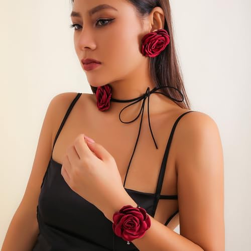 OIDIMS Rose Flower Jewelry Set for Women Classic Velvet Camellia Satin Flowers Choker Necklace Sexy Charms Floral Earring Bracelet for Party Bride Wedding Party Summer Holiday Necklaces - color: Red