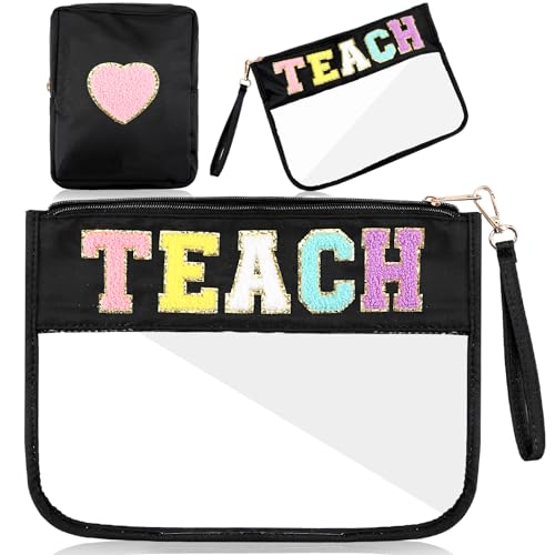 Hillban 2 Pcs Teacher Appreciation Gifts Teach Chenille Letter Clear Makeup Bag Pouch, Monogram PVC Clear Zipper Pouch with Wristlet Travel Cosmetic Bag Graduation Retirement Teacher Gifts for Women - style: Teacher Theme