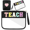 Hillban 2 Pcs Teacher Appreciation Gifts Teach Chenille Letter Clear Makeup Bag Pouch, Monogram PVC Clear Zipper Pouch with Wristlet Travel Cosmetic Bag Graduation Retirement Teacher Gifts for Women - style: Teacher Theme