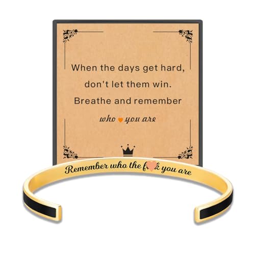 Remember Who The You Are Motivational Cuff Bracelet for Women, Stainless Steel Color Inspirational Bangle Bracelets with Engraved Hidden Message Jewelry for Sisters BFF Friends Gifts - color: Gold/Black 01
