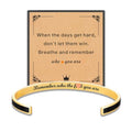 Remember Who The You Are Motivational Cuff Bracelet for Women, Stainless Steel Color Inspirational Bangle Bracelets with Engraved Hidden Message Jewelry for Sisters BFF Friends Gifts - color: Gold/Black 01