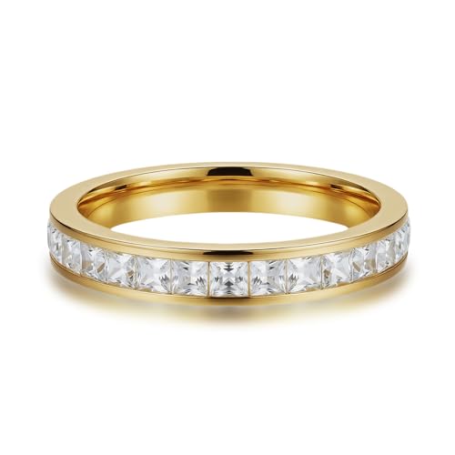 Channel Set Cubic Zirconia Eternity Band Rings for Women Men | 18k Gold Plated Cubic Zirconia,Minimalist Non Tarnish Hypoallergenic Wedding Band Stackable Ring - color: Gold-4mm