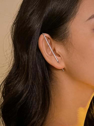 Ear Wrap Hook Earrings for Women Fashion Ear Cuff Crawler Earrings Silver Gold Long Piercing Crystal Curve Style Earring Stick Ear Wrap Earring Rhinestone Trendy Jewelry Gifts - color: full rhinestone-silver