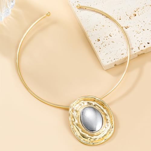 Gold Statement Necklace for Women Gold Collar Necklace Choker Chunky Statement Big Oval Pendant Cuff Necklaces African Tribal Ethic Necklace Summer Vacation Jewelry Gifts - color: A1