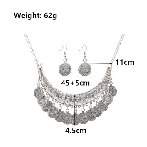FUTIMELY Chunky Coin Necklace Earrings Set,Bohemia Plated Gold Coin Tassel Personalized Choker Earrings,Ethnic Gypsy Statement Jewelry Set for Women - color: Silver