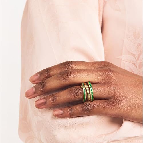 SLOONG Gold Stackable Rings for Women Non Tarnish, Dainty 18K Gold Plated Cubic Zirconia Rings, Silver Rose Gold Rings Set, Multi Ring Mixed Metals Stackable Ring Set for Women - style: 3PCS Gold+Green