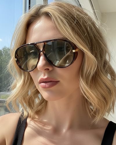 GRFISIA Retro Oversized Aviator Sunglasses for Women Men Metal 70s Aviators 2026 Fashion Shades for Beach Vacation UV400 - color: (2pcs) Black/Brown+tortoise/Green