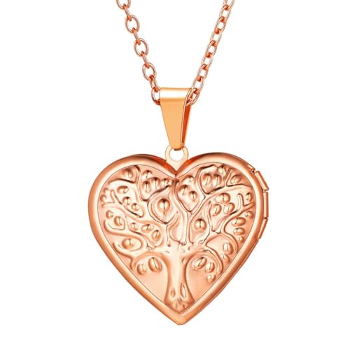 U7 Women Locket Necklace Platinum 14K Gold Photo Lockets that Hold Picture,Chain 20 Inch Personalized Gift Custom Love Heart Image Necklaces - color: 04# Rose Gold(Tree of Life)