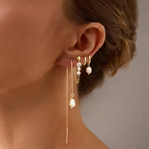 Pearl Earrings for Women, Gold Plated Huggie Hoop Drop Earrings | Hypoallergenic pearl hoop earrings designed for multiple piercings, cartilage styling and everyday wear - style: 4 pearl chain earring set