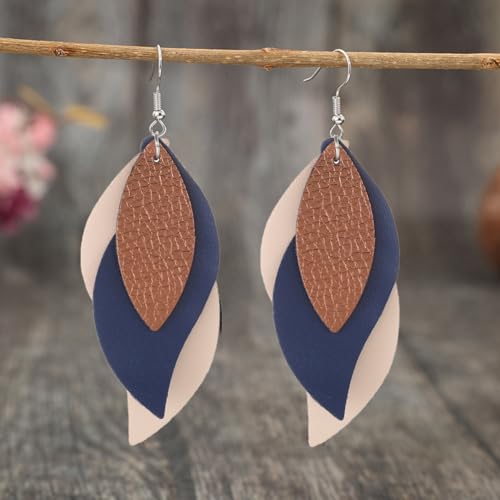 ANXIN boho unique Leather Earrings 2 Layered Lightweight Faux Leather Leaf Earrings Layered Design Drop Earrings Gift for Women - color: Style B
