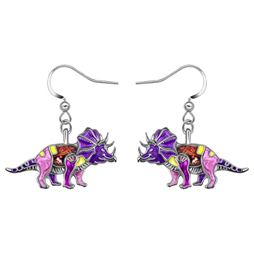 Enamel Alloy Dinosaur Fantasy Dragon Earrings Drop Dangle Unique Animal Jewelry For Women Dragons Gifts - color: Dinosaur Triceratops Violet
