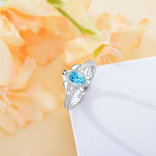 Sea Turtle Ring for Women 925 Sterling Silver Pear Shaped Birthstone Ocean Statement Ring for Ladies - color: Swiss Blue Topaz