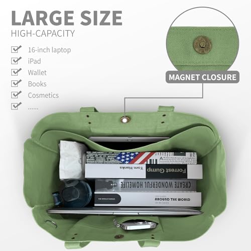 HOMESPON Large Canvas Tote Bag for Women Everything Bag with Pockets and Laptop Sleeve - color: Green