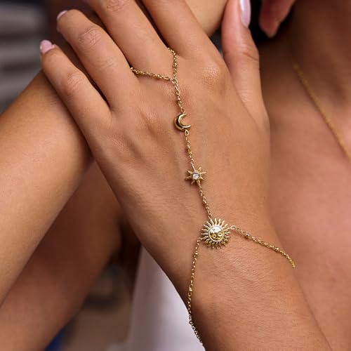 Dainty CZ Moon Sun Star Hand Chain Ring Bracelet for Women Stainless Steel 18k Gold Plated Trendy Adjustable Chain Linked Stackable Finger Ring Bracelet Fashion Jewelry