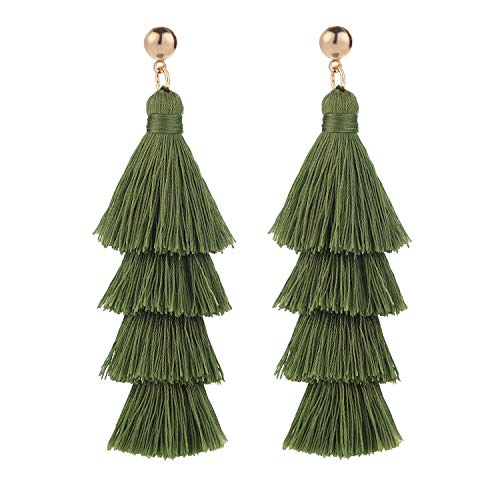 BaubleStar Tassel Earrings Handmade Tiered Thread Tassel Dangle Earrings, Multi Colors - color: Green