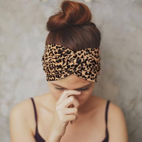 AQOKKA Extra Wide Headbands for Women Large Turban Headband Non Slip Boho Elastic Hairband Hair Twisted Knot Head Bands Accessories - color: 4 Pcs: Leopard Print + Solid Color