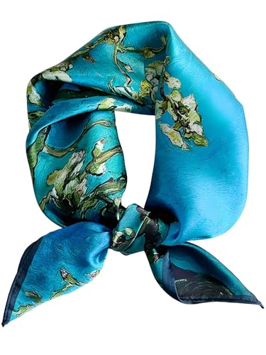 100% Mulberry Silk Scarf for Women Hair Lightweight Square Neckerchief Wrap For Head Scarves 21" - color: 18-blue/White Flowers /21"*21"