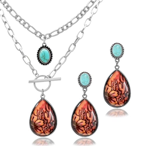 3 Pcs Western Turquoise Jewelry for Women Bohemian Set Cactus Turquoise Necklace Boho Dangle Earrings Country Concert Cowboy Chic Outfits for Women Jewelry Gifts Xmas Stocking Stuffers - color: Silver