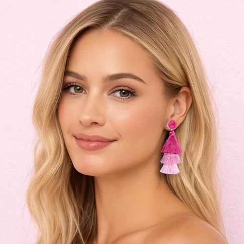Tassel Earrings for Women - Colorful Layered Tassle Dangle Drop Earrings - color: Pink Ombre