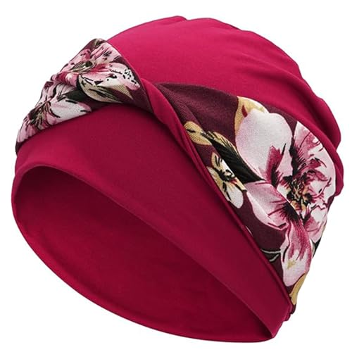 Women Knot Slouchy Beanie Chemo Hat Twist Stretch Cancer Head Wraps Sleep Head Scarf - color: Wine Red Flowers
