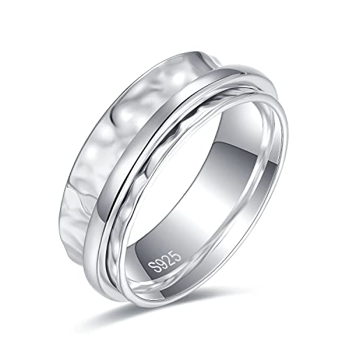 925 Sterling Silver Anxiety Ring with Beads Fidget Spinning Rings for Women Worry Beads Rings - color: hammered design A