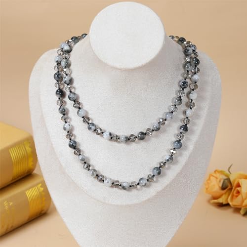 Long Beaded Necklace for Women Boho Colorful Crystal Stone Knot Statement Fashion Costume Jewelry Gifts - color: Black Grey