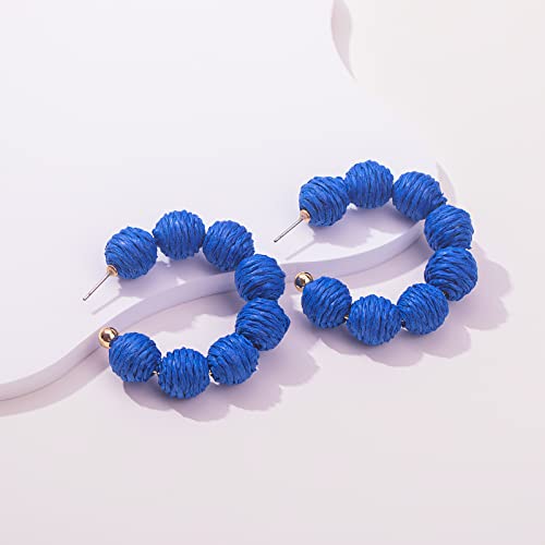 Raffia Hoop Earrings Statement Boho Beaded Earrings Cute Rattan Handmade Colorful Jewelry for Women Unique Summer Outfits - color: Royal Blue