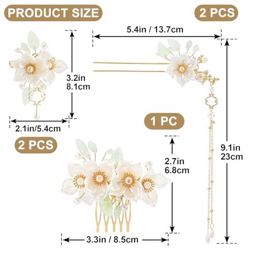 HINZIC 5pcs Flower Tassels Hairpin for Women, Non-Slip Crystal Pearl Camellia Hair Clips, Retro Chinese Hanfu Wedding Brides Hair Accessories for Long Hair - color: Camelia