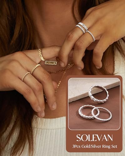 Silver Gold Rings for Women Non Tarnish 14K Gold Plated Stackable Rings for Women Stacking Thumb Pinky Eternity Cubic Zirconia Engagement Wedding Band Ring Set Woman Jewelry 1.5mm 2.5mm 5mm - color: E-Silver Twist Rings