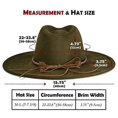 FLUFFY SENSE. Big Wide Brim Fedora Hat for Women - Nashville Outfits Western Hats Women's Felt Panama Rancher Hat - color: Olive Green