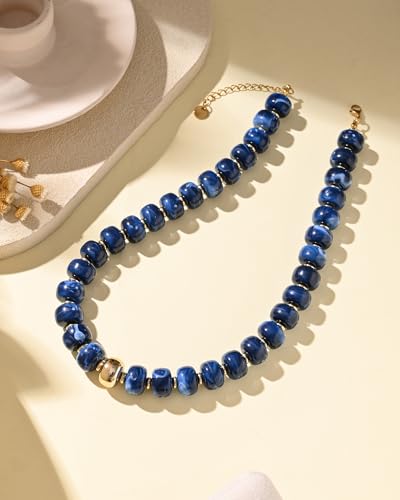 Chunky Beaded Statement Necklace for Women Trendy Colorful Boho Resin Bead Choker Necklaces Summer Handmade Jewelry Gifts Accessories - color: Gold-Deep Blue-1