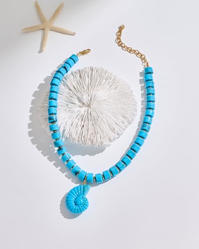 Chunky Beaded Necklace for Women with Conch Shell Pendant, Boho Bead Statement Necklace with Adjustable Gold Chain, Beach Jewelry for Summer＆Vacation Gifts - color: Blue