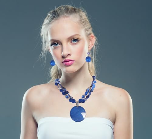 Layered Beads Statement Fashion Necklace Chunky Jewelry Set Big Colorful Glass Stone Circle Shell Pendant Choker Necklace and Earring Set for Women - color: Yellow