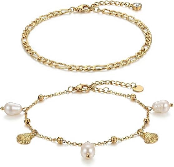 Boho Beads Beach Layered Anklet Set for Women, Handmade Gold Starfish Pearl Shell Anklets Summer Ocean Accessories Jewelry Gift - color: Figaro