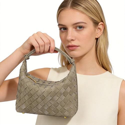 Luxurious Suede Slouch Hobo Bag for Women Woven Leather Shoulder Bags Top-Handle Purses