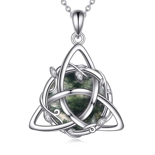 Sterling Silver Celtic Triangle Knot Moss Agate Women's Pendant Necklace Round Moss Agate Twig Knot Necklace Pendant Jewelry Gift Birthday Valentine's Day Christmas for Her
