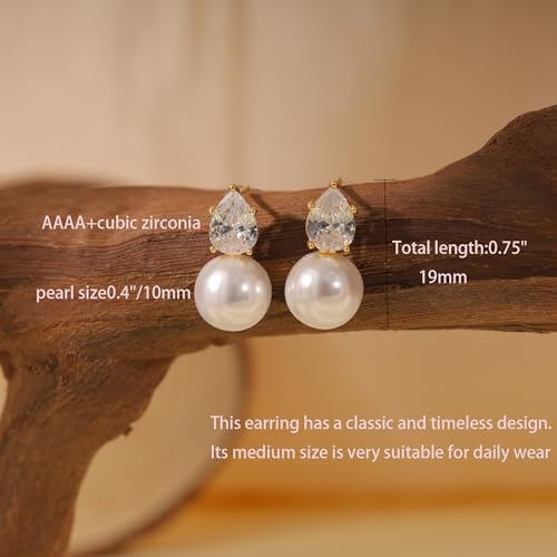 Pearl Earrings for Women, Dainty Wedding Bridal Earrings 14k Gold Plated CZ Pearl Drop Earrings for Women Trendy Hypoallergenic Unique Gold Drop Earrings Fashion Prom Jewelry - color: Gold-J