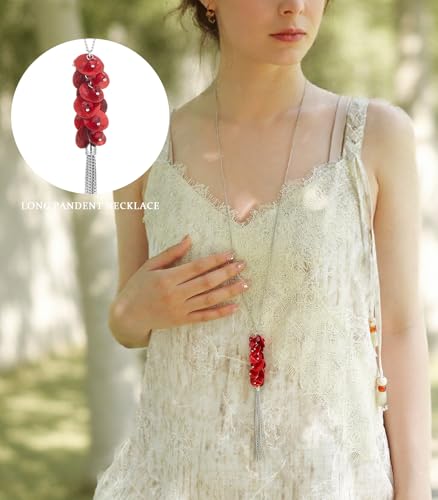 Noessla Boho Long Pendant Necklaces for Women Silver Tassel Long Necklace Sweater Chain Mothers Day Gifts Silver Costume Jewelry for Women - color: 81-Red
