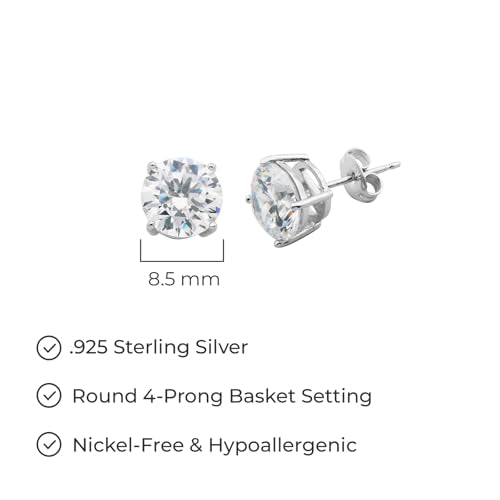 Amazon Essentials Plated Sterling Silver Cubic Zirconia Stud Earrings (Round & Princess) - color: White/Platinum, size: 8.5 mm, style: Round Cut