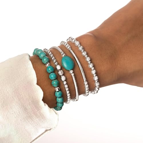 Long tiantian Western Turquoise Beaded Bracelet Set for Women Stackable Cowgirl Bracelets Boho Concho Jewelry Country Concert Rodeo Outfit Accessories Gifts - color: C1:Western Bracelets