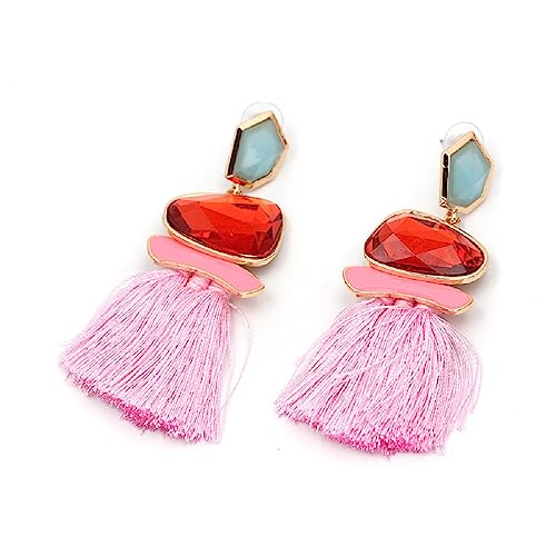 Vintage Long Tassel Drop Dangle Earrings Rhinestone Water Heart Leaf Shaped Boho Statement National Ethnic for Women Multicolor Boho Jewelry - color: Pink