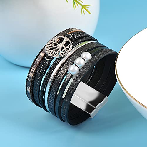 Boho Leather Wrap Bracelets Bohemian Crystal Bracelets Trendy Layered Bracelet with Magnetic Clasp Jewelry Gifts for Women - color: Black