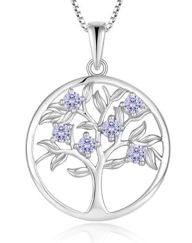 Tree of Life Necklace for Women - Solid 925 Sterling Silver 18K White Gold Plated Birthstone Pendant Jewelry - color: 06-Jun_Alexandrite
