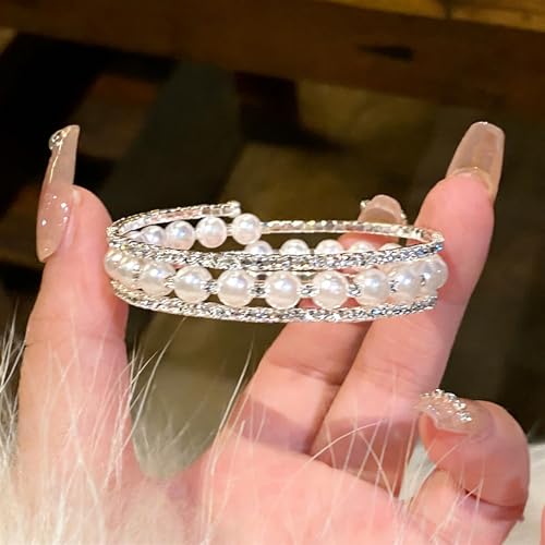 Pearl Rhinestone Stretch Cuff Bracelet for Women Adjustable | Perfect for vintage weddings parties vacations and everyday wear - color: Silver