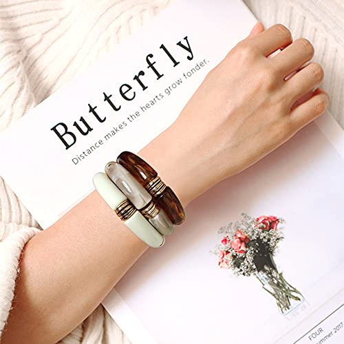 GOOJIDS Simple Beaded Gold Plated Bangles Bracelet Chunky Bamboo Tube Curved Stacking Clear Acrylic Colorful Beads Stretchable Gold Plated Bracelets Set For Women - color: S-Small size Brown 3PCS Set