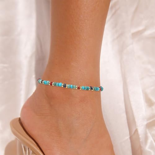 Natural Stone Beaded Anklets Bracelets for Women Handmade Beaded Anklet Bracelet Waterproof Boho Beads Ankle Bracelet Adjustable Summer Jewelry - color: light blue A