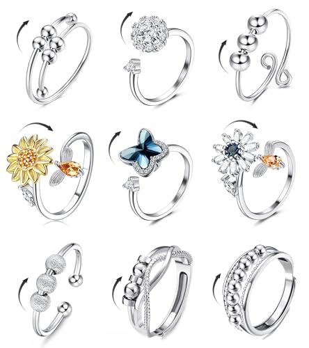 sailimue Anxiety Ring Fidget Ring for Women Men Spinner Fidget Rings for Anti Anxiety Adjustable Open CZ Flower Bead Stress Relieving Spinning Rotatable Rings 9 Pcs - color: Silver