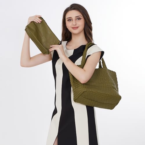 Woven Tote Bag Womens Purse Vegan Leather Shoulder Handbags Fashion Summer Beach Tote Bags Large Travel Totes - color: Olive Green