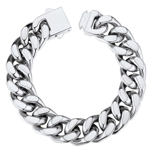 ChainsHouse Stainless Steel Cuban Link Bracelet for Men, 5mm/7mm/9mm/12mm Width, 7.5"/8.3"/9" Length, Black/18K Gold Plated Chain Wrist Bracelets for Men, with Gift Box - color: b. 14mm width-steel, size: 7.5 Inches