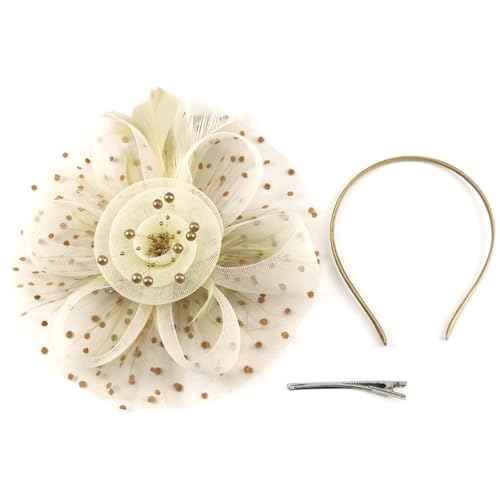 Fascinators Hat Pearl Earrings Necklace Bracelets Gloves 1920s Headband Hair Clips Women Flower Mesh Feather Headpiece Headwear Halloween Carnival Cocktail Wedding Tea Party Accessories Beige - color: Beige + Golden